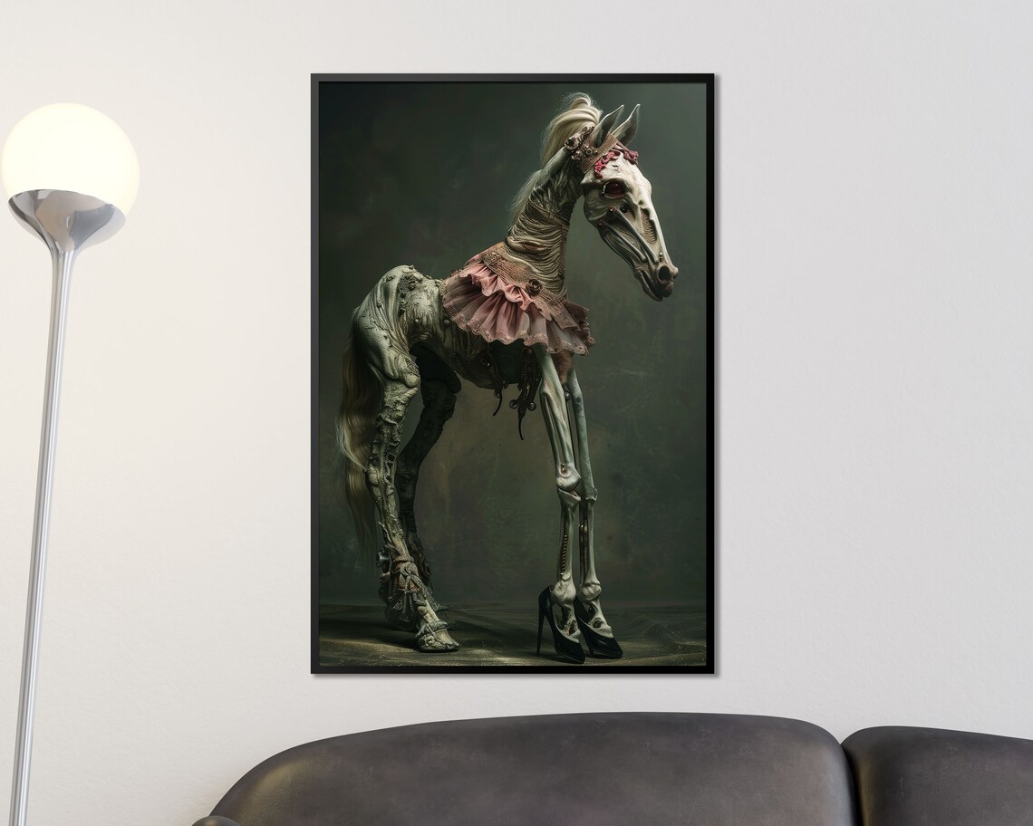 Grotesque Skeletal Horse In Pink Dress Dark Fantasy Macabre Art Print - Image 3