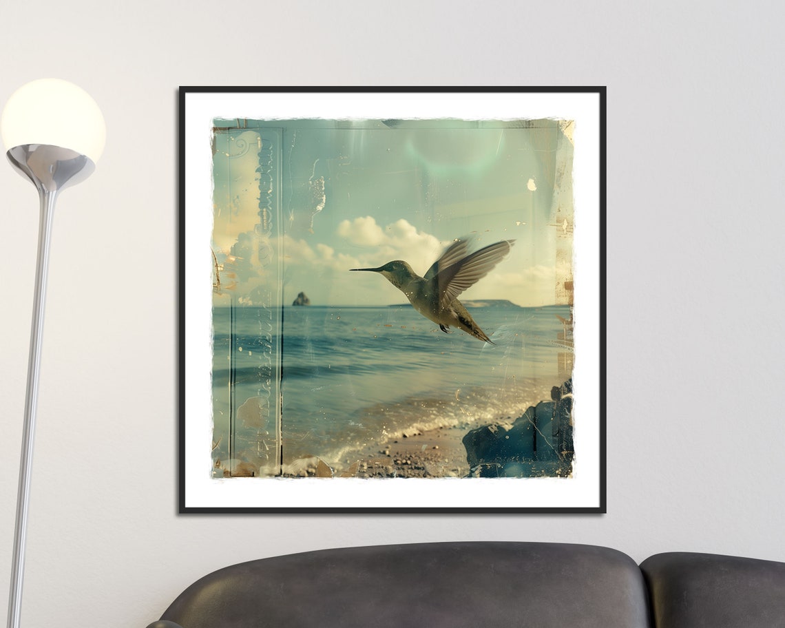 Hummingbird Over Ocean Beach Vintage Coastal Photo Wall Art Print
