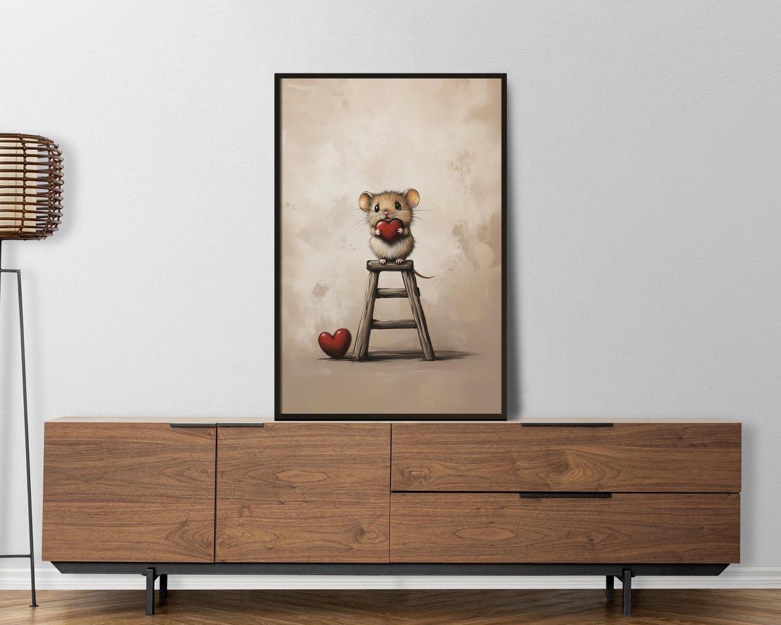 Sweet Tiny Mouse Holding Red Heart Stepladder Valentine Wall Art - Image 8