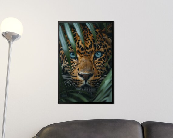 Leopard Face Close-Up Blue Eyes Jungle Leaves Wildlife Poster