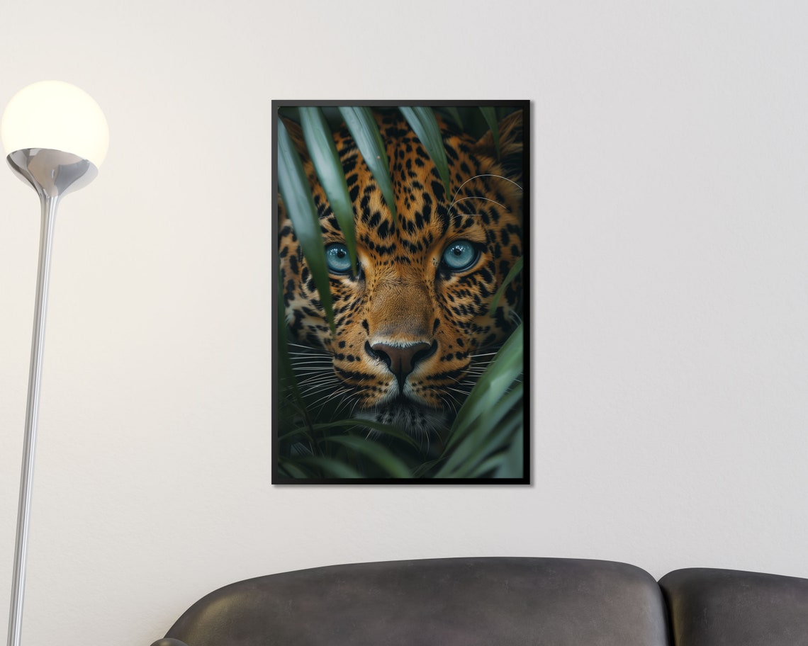 Leopard Face Close-Up Blue Eyes Jungle Leaves Wildlife Poster