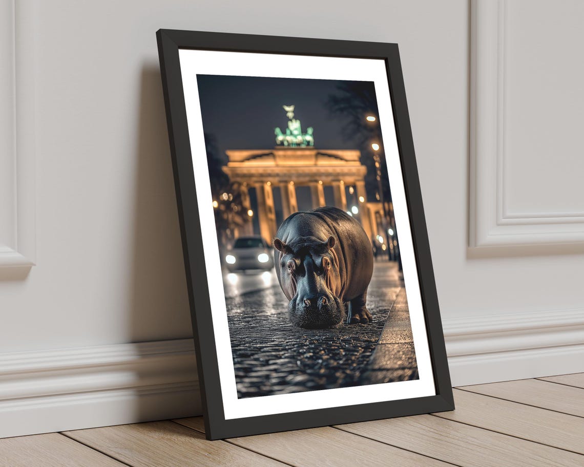 Hippo on Cobblestone Street Berlin Night Brandenburg Gate Wall Art - Image 8