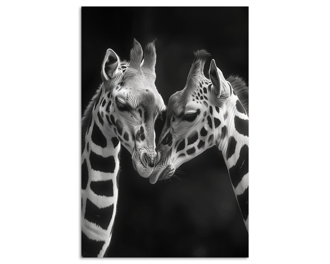 Tender Giraffe Pair Embrace Black And White Dramatic Wildlife Art Poster - Image 4