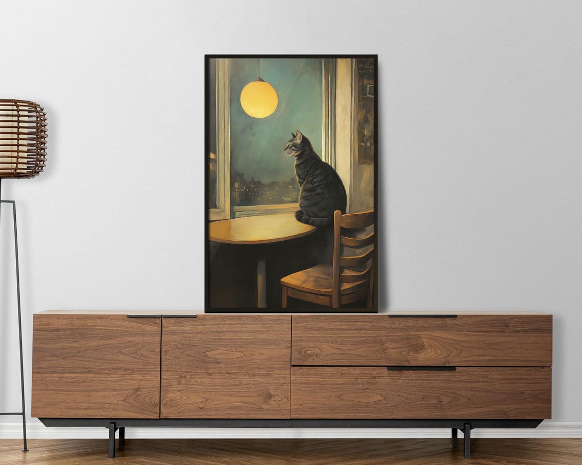 Black Cat Sitting At Window Table Night Lamp Warm Moody Art Poster - Image 5