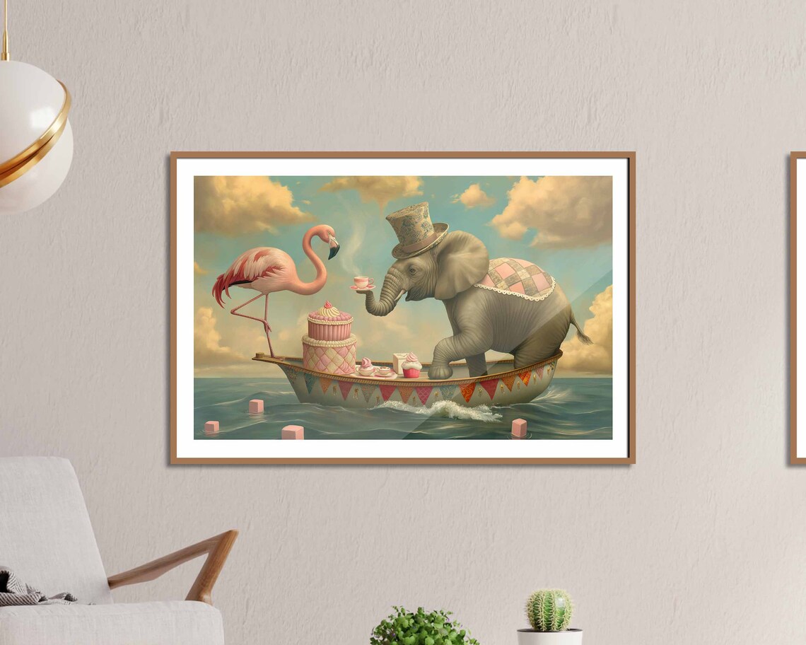 Elephant Flamingo Surreal Tea Party Boat Ocean Whimsy Art Poster - Image 3