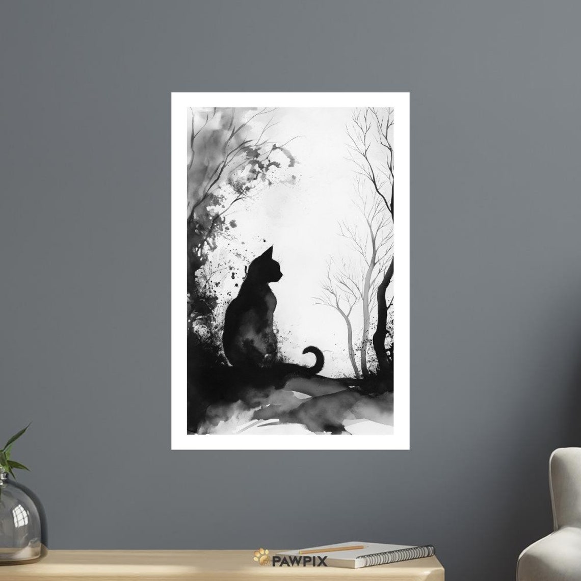 Chat Noir 6 Monochrome Black Cat Silhouette Forest Ink Wash Zen Poster
