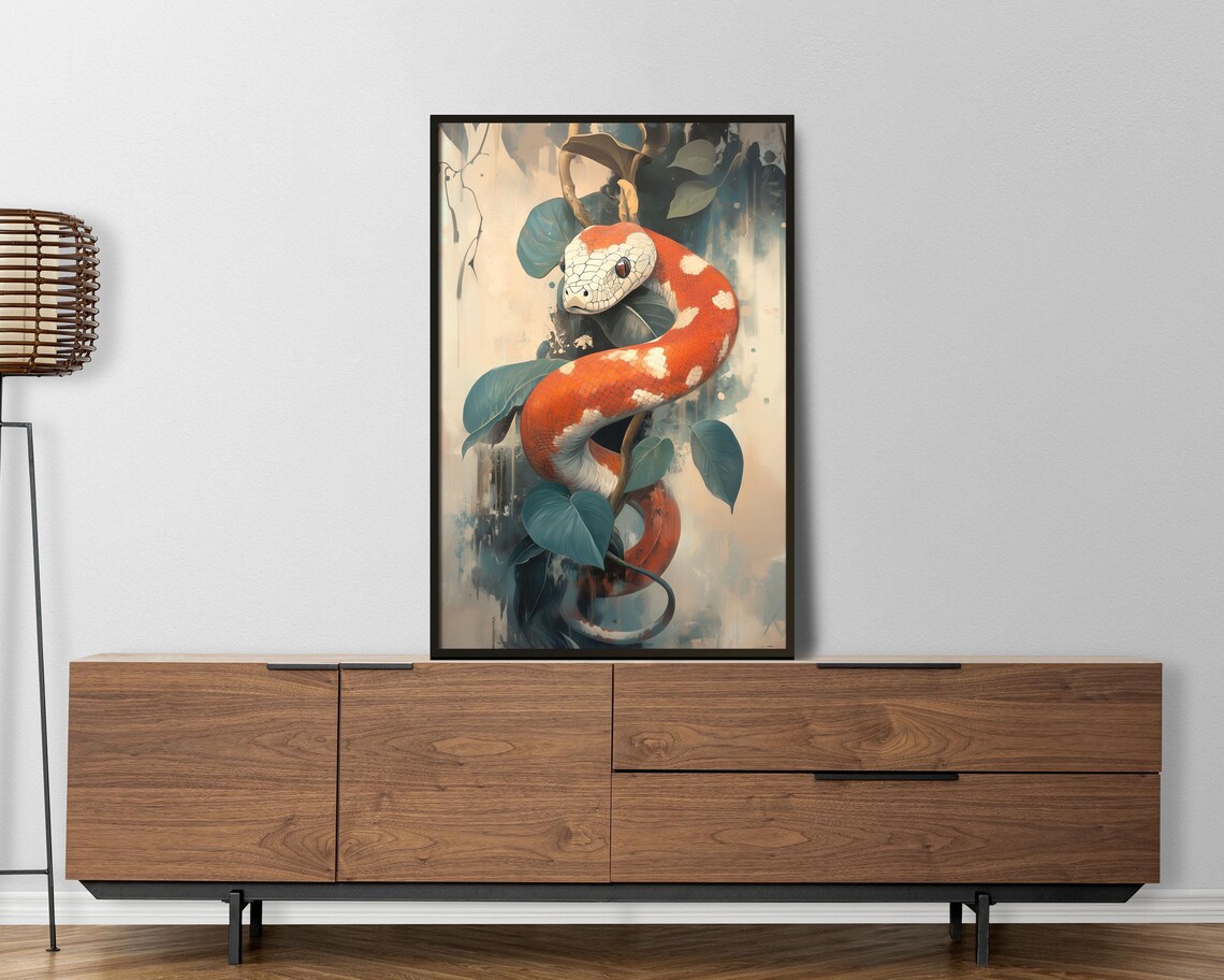 Red Orange Snake Coiled In Leaves Tropical Reptile Art Poster