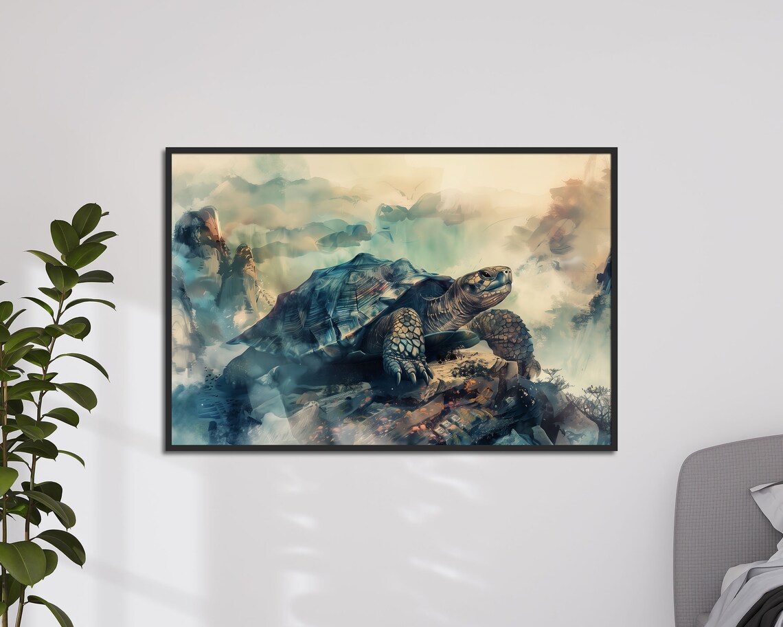 Ancient Tortoise Watercolor Blue Mountain Mist Zen Nature Art Poster - Image 5