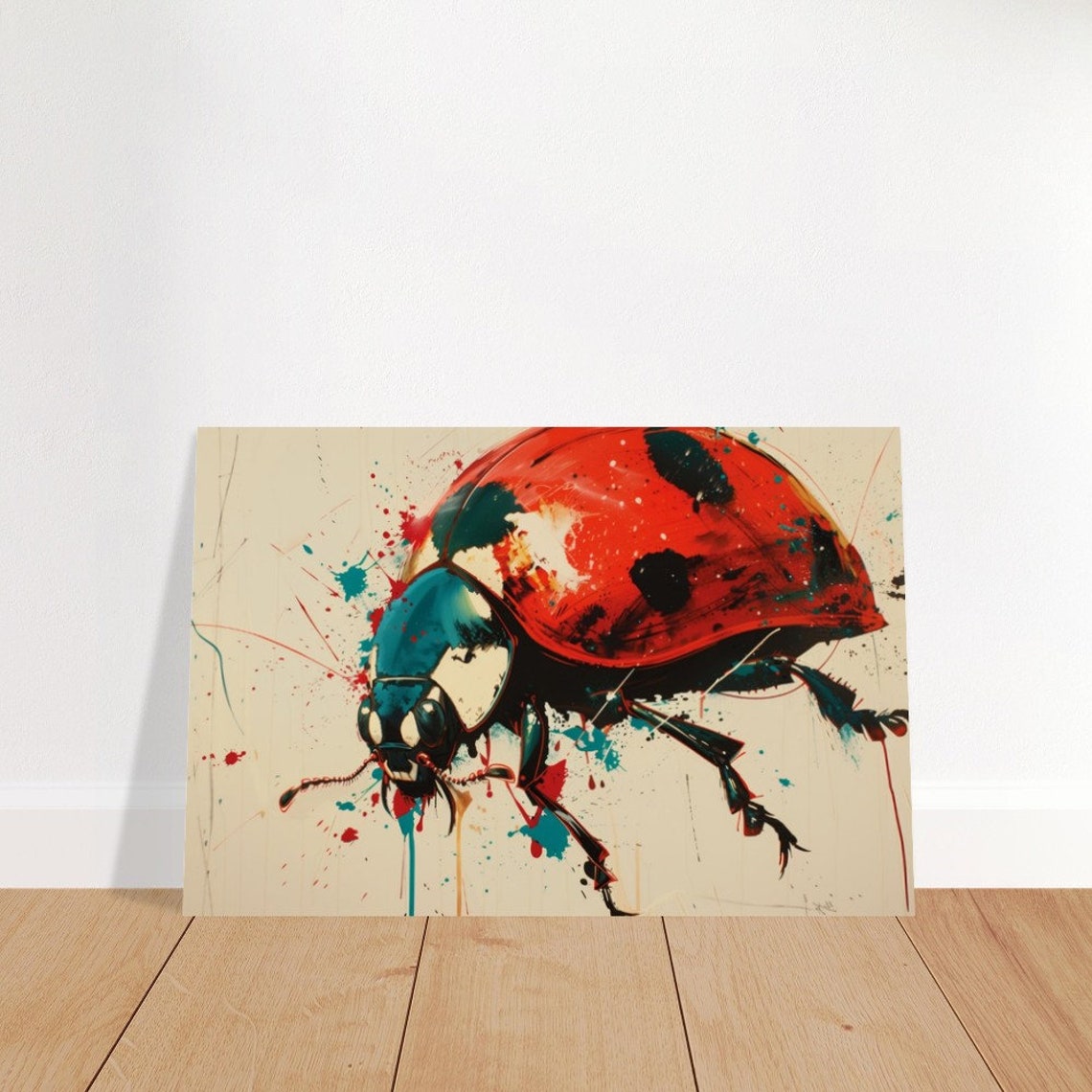 Microcosm Ladybug Macro Painting Vibrant Red Black Teal Splash Poster - Image 4