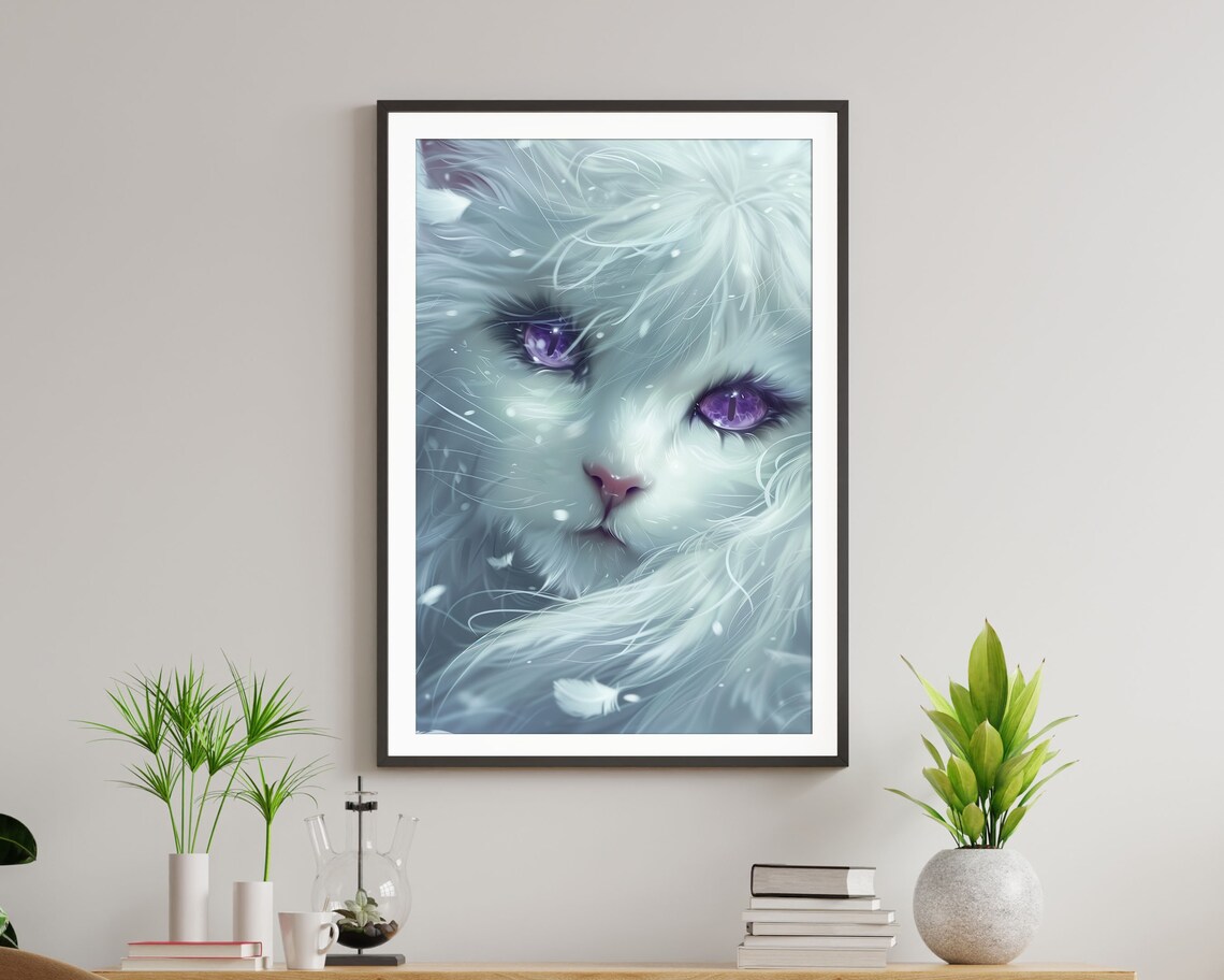Mystical White Cat Purple Eyes Snowy Fantasy Feline Wall Art Print - Image 5