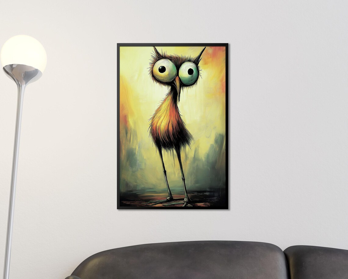 Quirky Big Eyed Bird Whimsical Yellow Painting Funny Animal Poster - Image 3