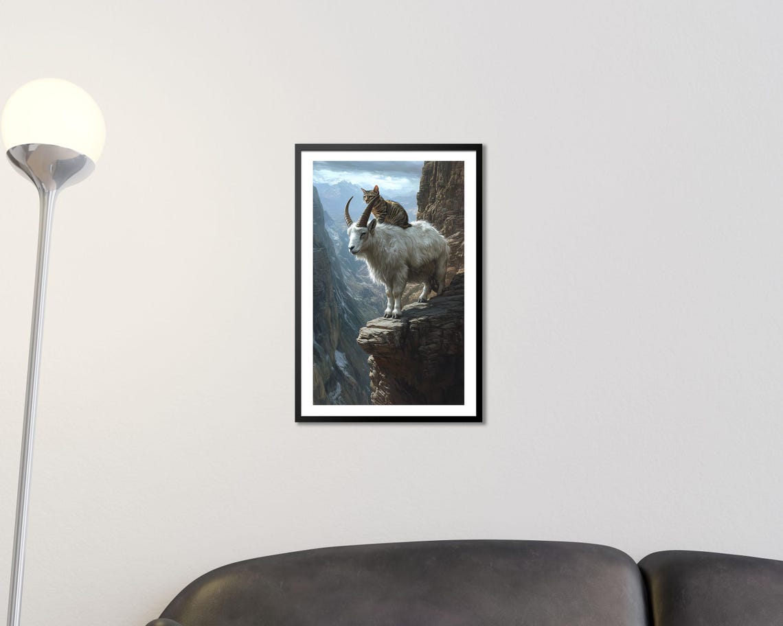 Mountain Goat Cliff Edge with Cat Riding Back Surreal Animal Poster - Image 2