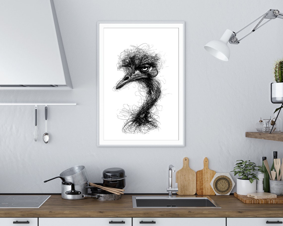 Ostrich Head Scribble Art Black And White Line Drawing Bird Print - Image 4