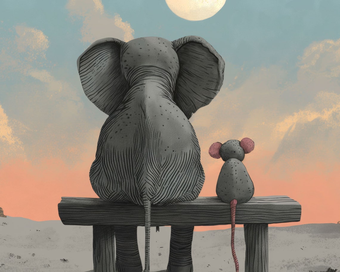 Elephant And Mouse Friendship Moonlight Beach Bench Wall Art - Image 3