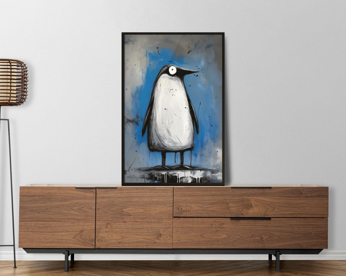 Funny Tall Penguin Painterly Blue Gray Abstract Bird Art Poster - Image 3