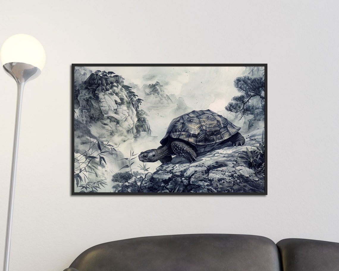 Mystical Tortoise Japanese Ink Wash Mountain Landscape Zen Art Poster - Image 4