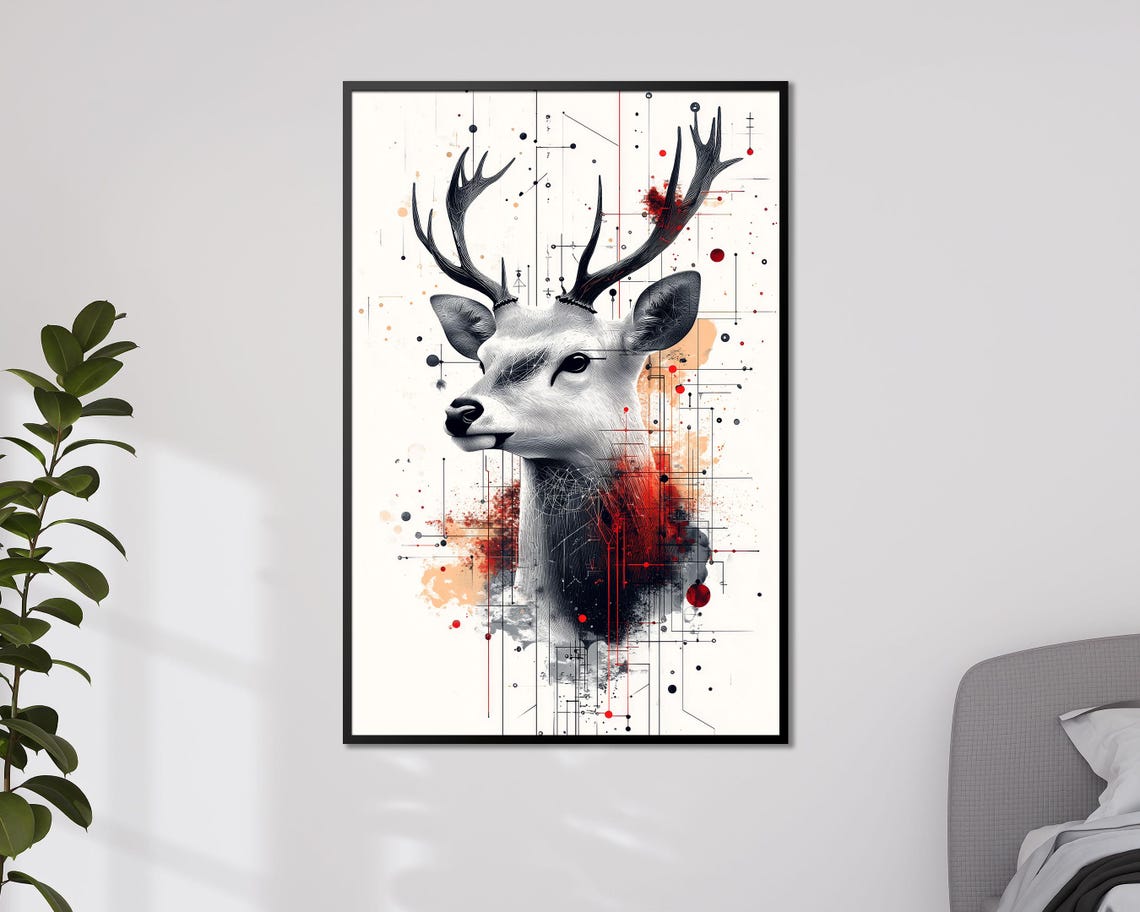 Abstract Deer Stag Portrait Red Black Geometric Modern Art Print - Image 3