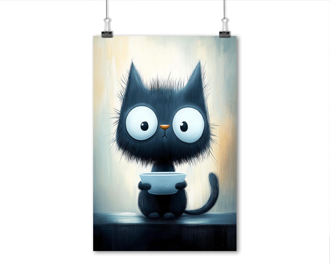 Funny Hungry Black Cat Holding Empty Bowl Begging Kitchen Wall Art - Image 8