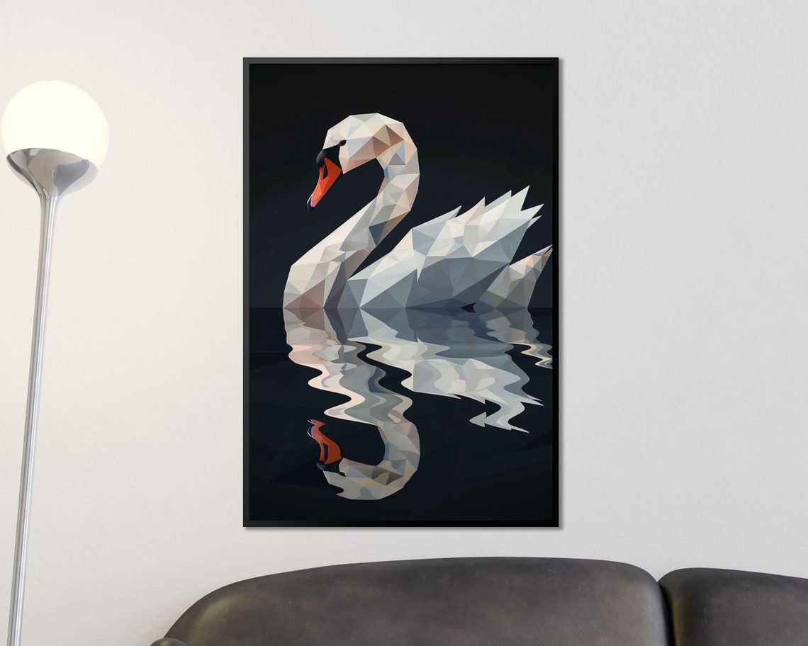 Geometric Low Poly White Swan On Dark Water Modern Bird Wall Art Print - Image 3