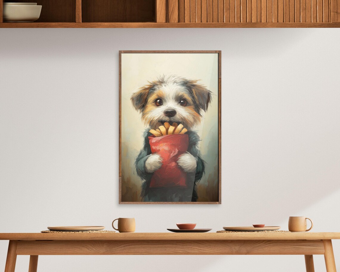 Cute Puppy Holding Bag Of French Fries Funny Food Dog Art Poster - Image 3
