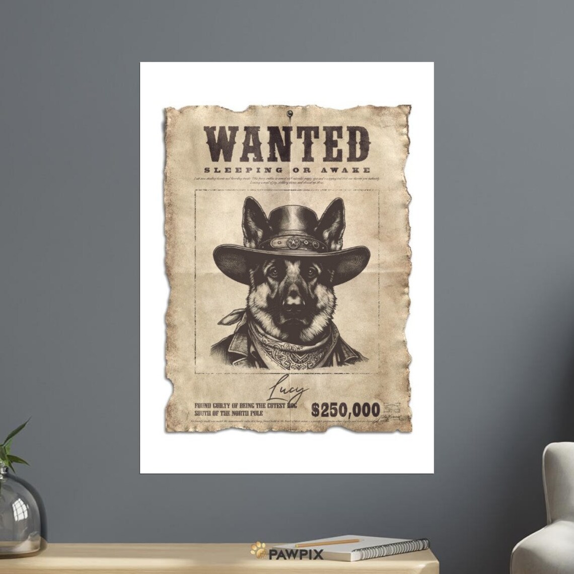 Wanted German Shepherd Cowboy Hat Vintage Western Funny Dog Poster - Image 2
