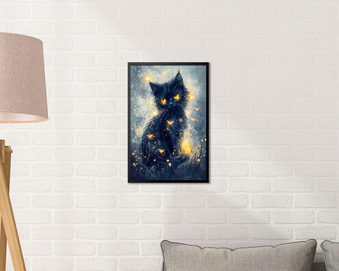Mystical Black Kitten Golden Eyes Fireflies Magic Night Wall Art - Image 2