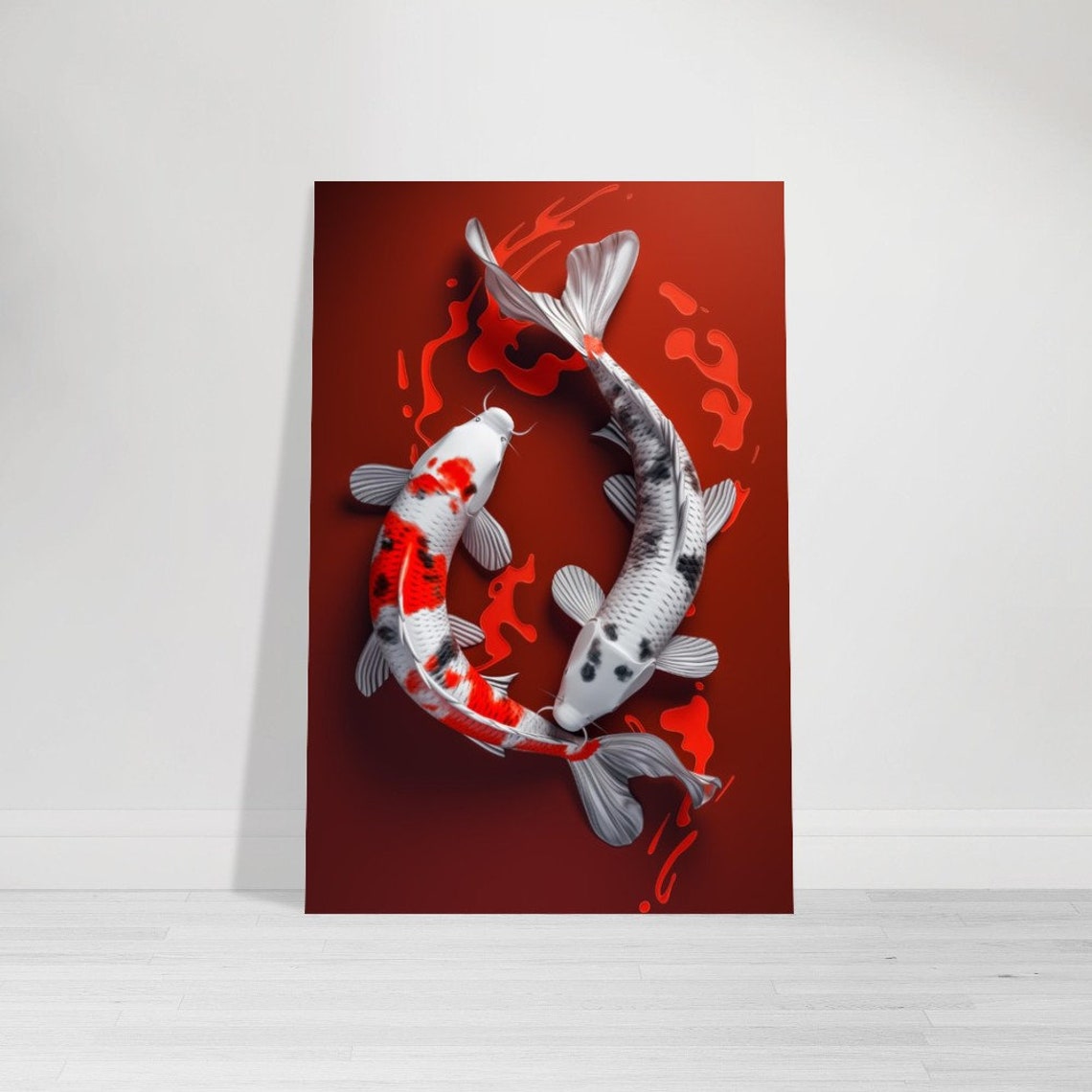 Yin Yang Koi Fish Circle Deep Red Zen Aquatic Meditation Wall Art - Image 3