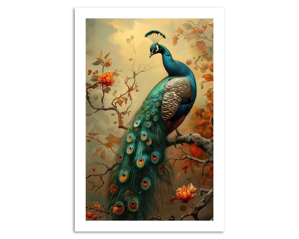 Majestic Peacock Perched On Blooming Branch Autumn Blossom Bird Poster - Image 3