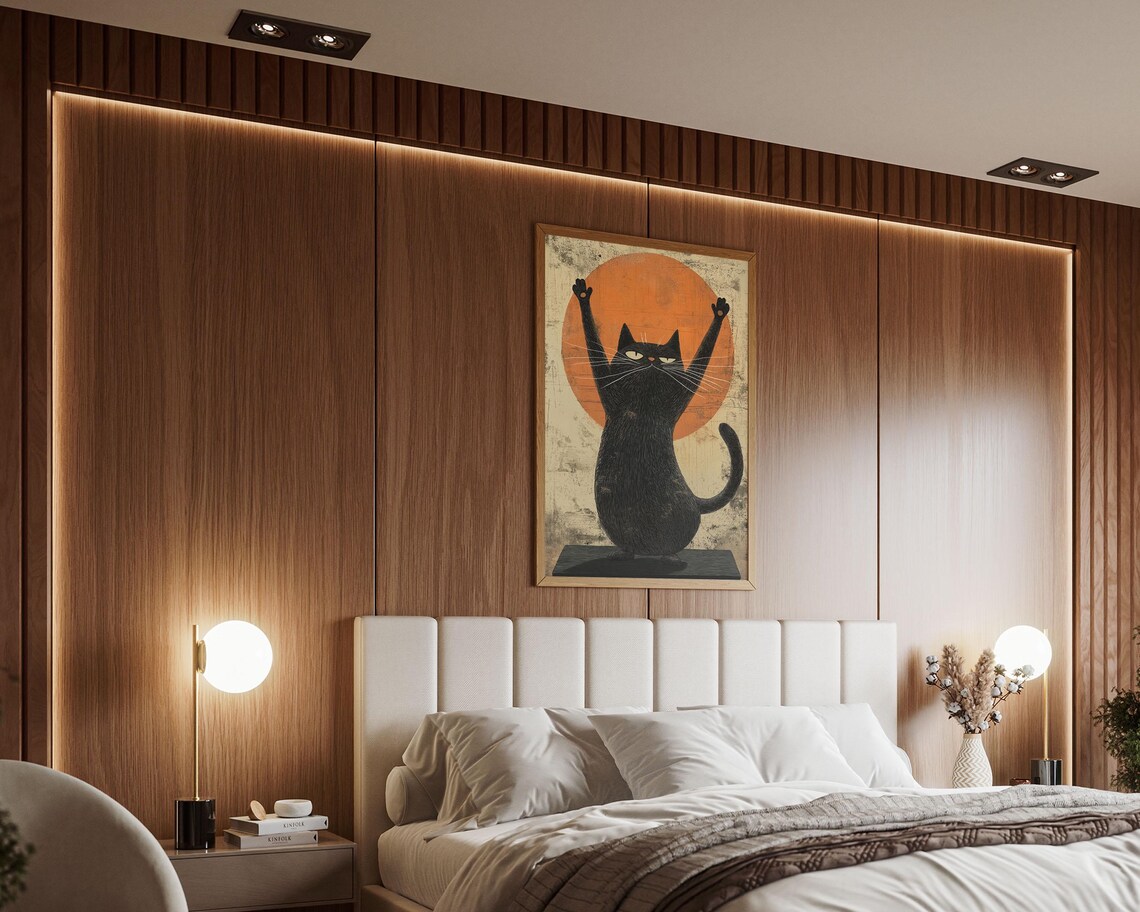 Zen Yoga Cat Stretch Pose Orange Sun Retro Meditation Wall Art - Image 8