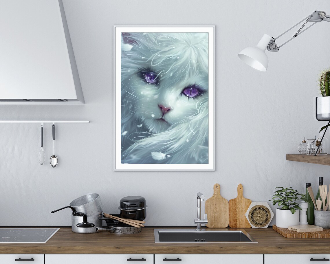 Mystical White Cat Purple Eyes Snowy Fantasy Feline Wall Art Print - Image 2