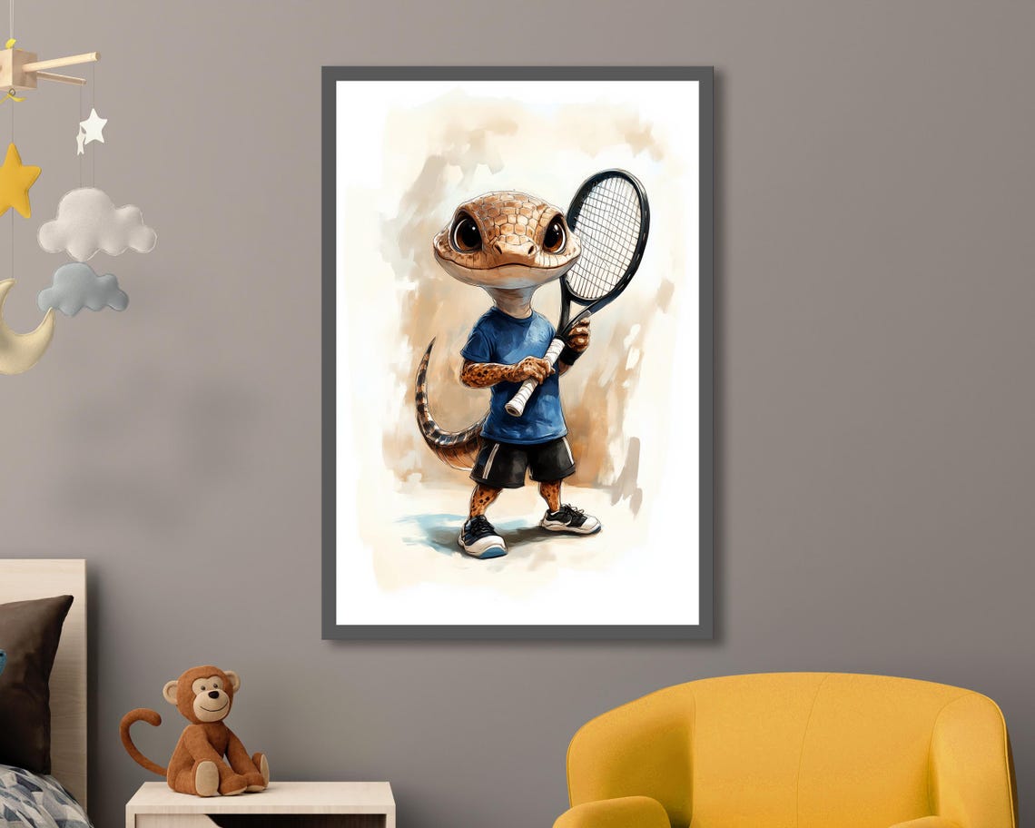 Funny Tennis Gecko Art Print Whimsical Animal Sports Poster Quirky Gift For Tennis Lovers Unique Sports Wall Decor