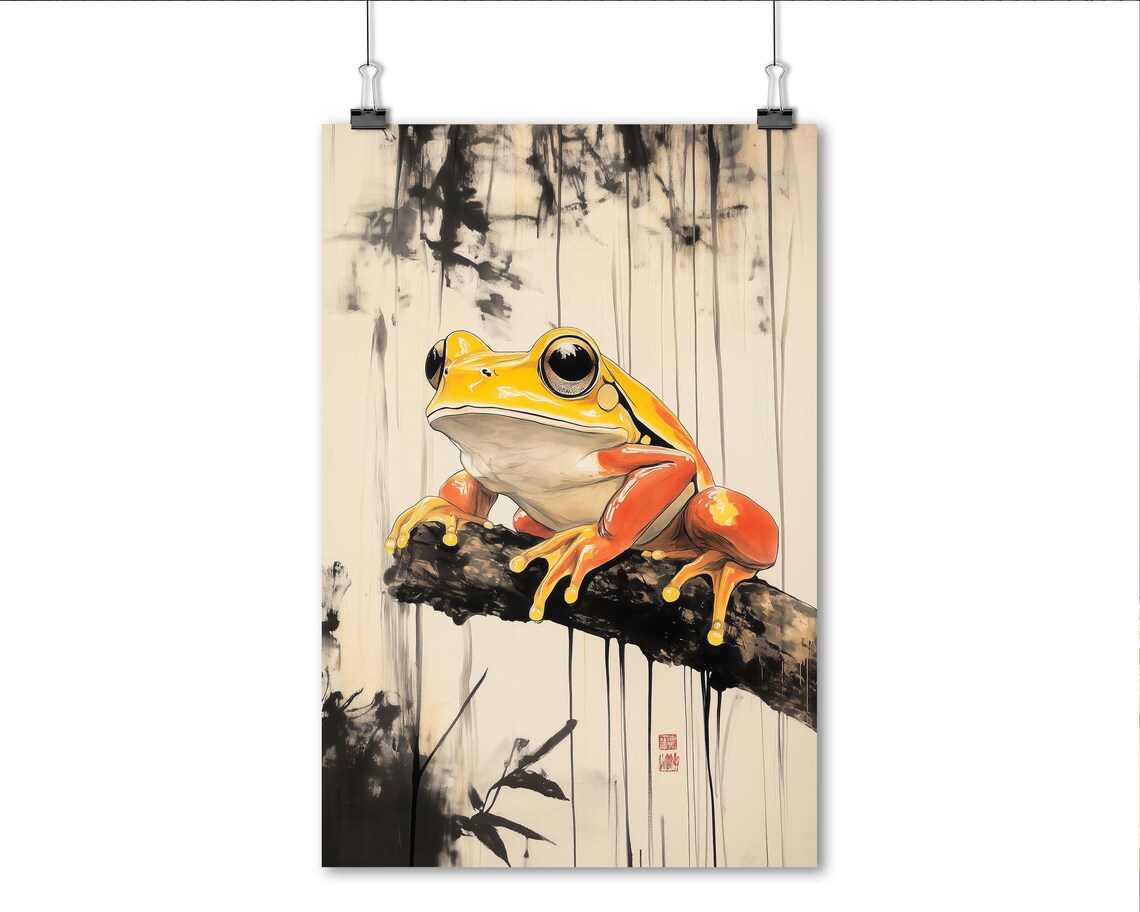 Japanese Sumi E Style Yellow Frog on Branch Ink Wash Wall Art - Image 6