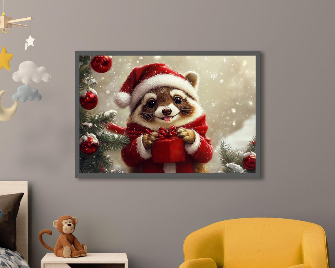 Happy Raccoon in Santa Suit Holding Red Gift Snowy Christmas Poster