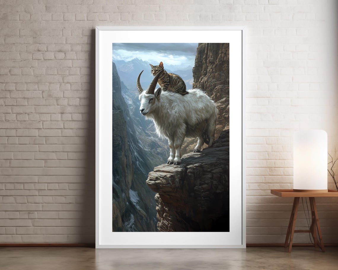 Mountain Goat Cliff Edge with Cat Riding Back Surreal Animal Poster
