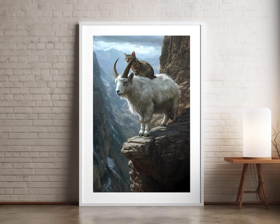 Mountain Taxi Poster Whimsical Animal Wall Art Goat And Cat Illustration Unique Mountain Scene Funny Surreal And Bold Decor