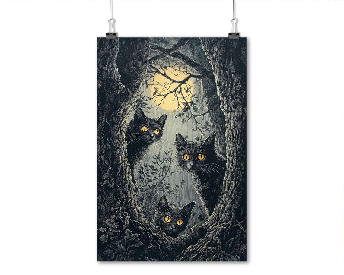 Three Black Cats With Glowing Eyes Moonlit Forest Art Poster - Image 5