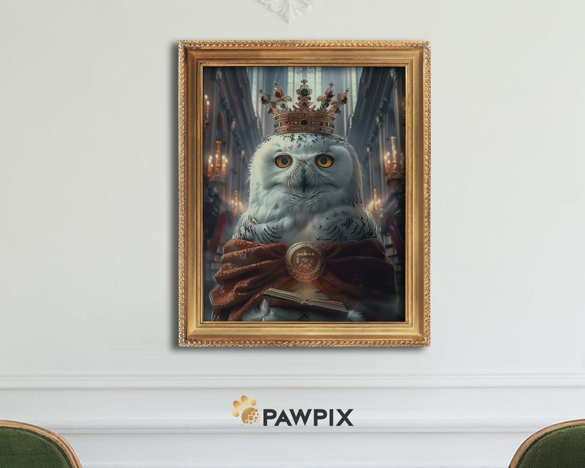 Royal Snowy Owl Portrait Crown Cathedral Robe Majestic Bird Poster