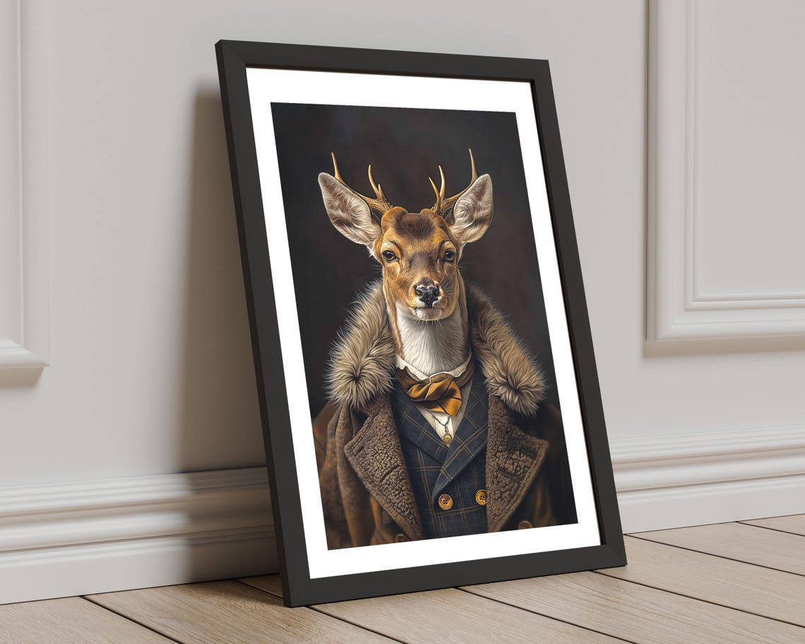 Dapper Deer Bow Tie Vintage Coat Anthropomorphic Elegant Animal Print - Image 3