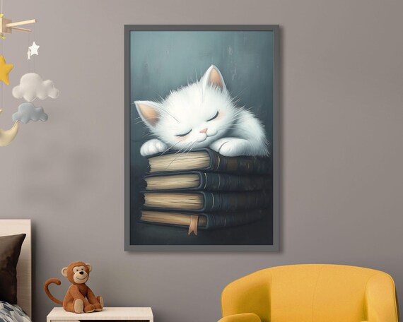 Sleeping White Kitten on Stack of Books Cozy Reading Wall Art