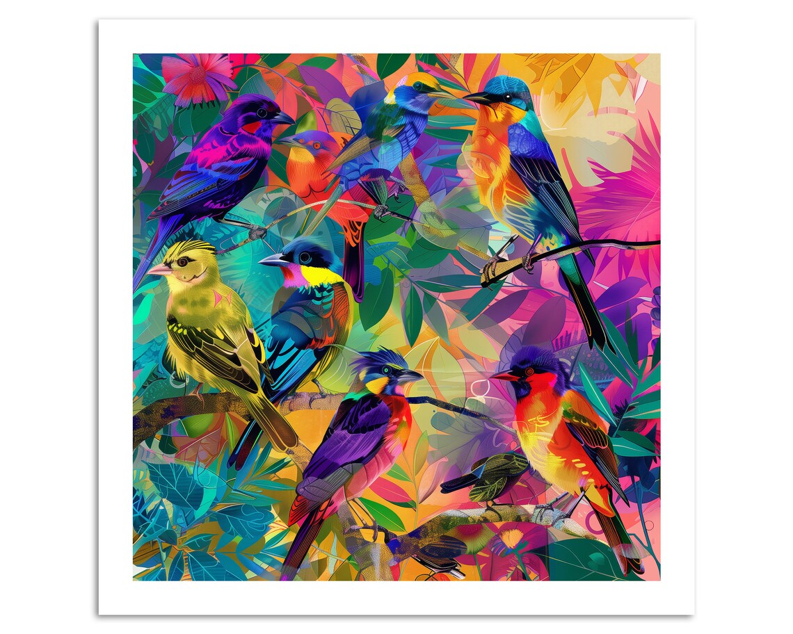 Colorful Tropical Birds In Jungle Foliage Abstract Wall Art Poster - Image 4
