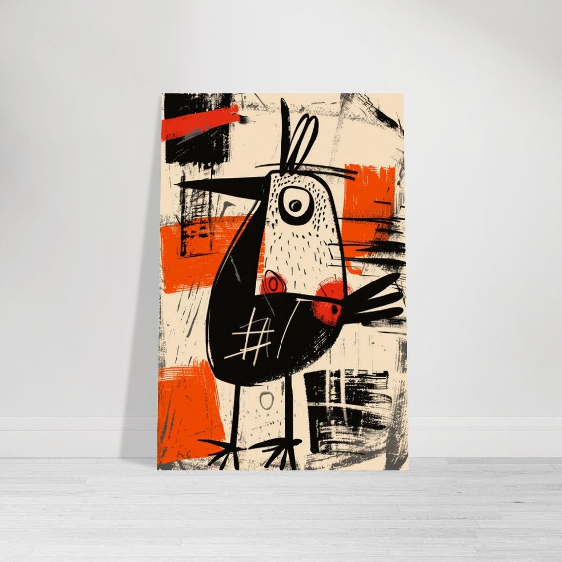 Abstract Long Beak Bird Black Cream Orange Modern Art Bird Print - Image 3