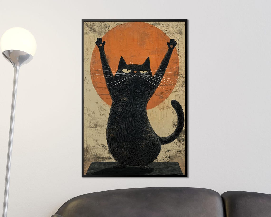 Zen Yoga Cat Stretch Pose Orange Sun Retro Meditation Wall Art - Image 4