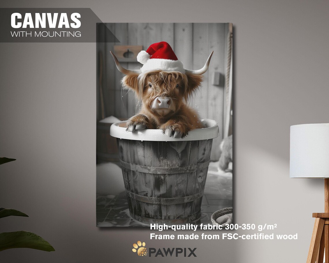 Highland Cow In Santa Hat Sitting In Wooden Barrel Christmas Poster - Image 3
