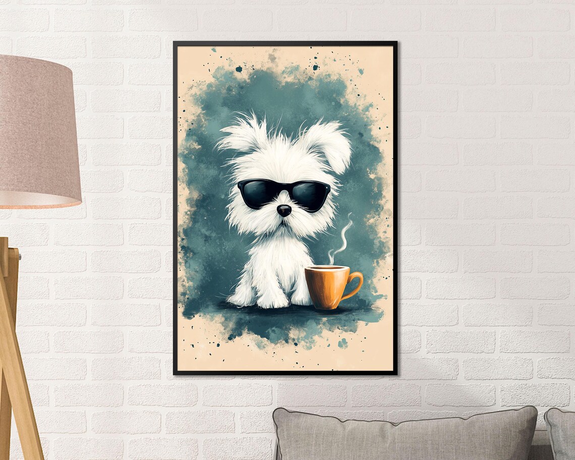 Cool White Dog With Sunglasses And Coffee Cup Funny Art Poster - Image 2