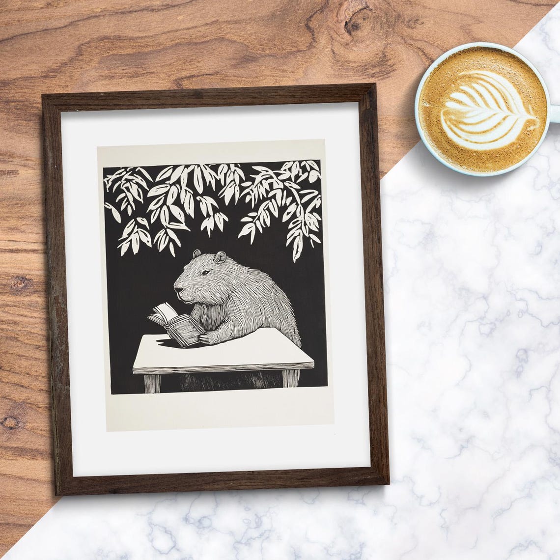 Capybara Reading a Book Black White Linocut Bookish Animal Poster - Image 2