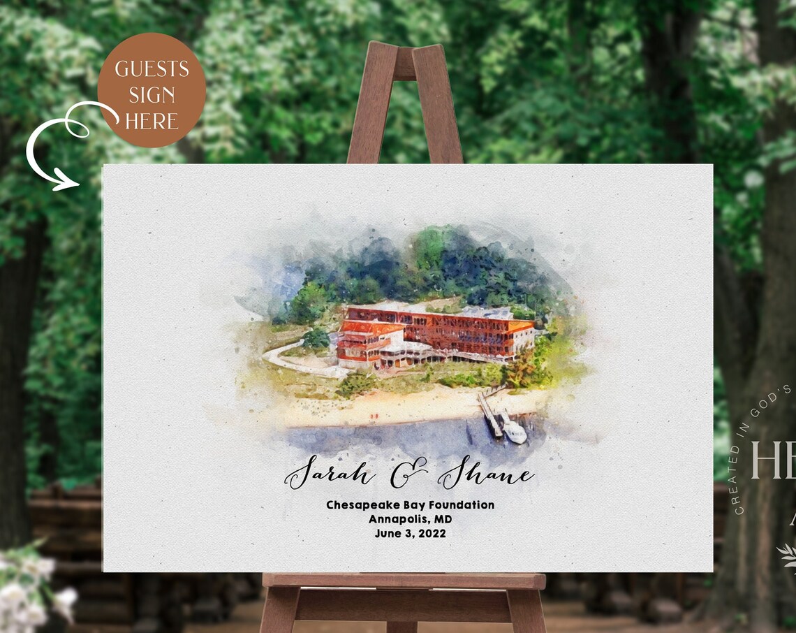 Custom Watercolor Wedding Venue Painting Waterfront Sign Board Poster