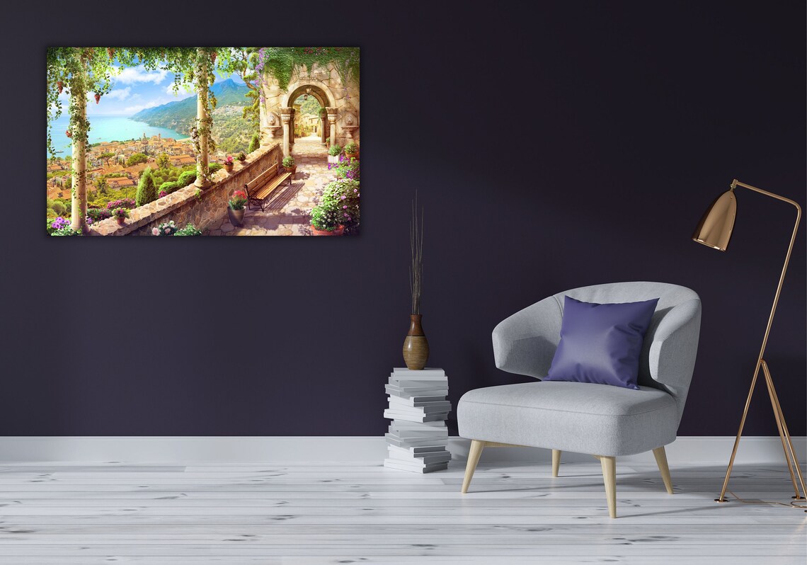 Mediterranean Coastal Terrace Vine Pergola Seaside Village Poster - Image 3