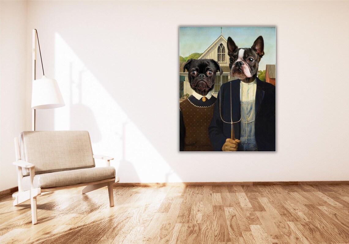 American Gothic Dogs Funny Pug Boston Terrier Parody Painting Poster