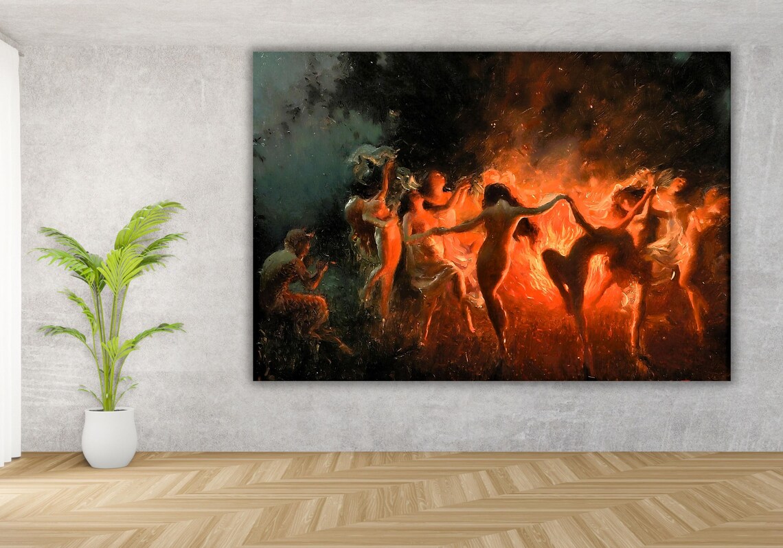 Joseph Tomanek Fire Dance Women Dancing Around Bonfire Night Painting Poster - Image 3