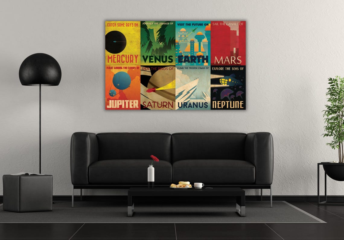 Retro Space Travel Art Set Eight Planets Vintage NASA Style Poster